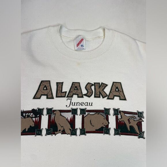 VINTAGE Juneau Alaska Graphic Crewneck Sweatshirt Men Large White USA 90s - Picture 2 of 7
